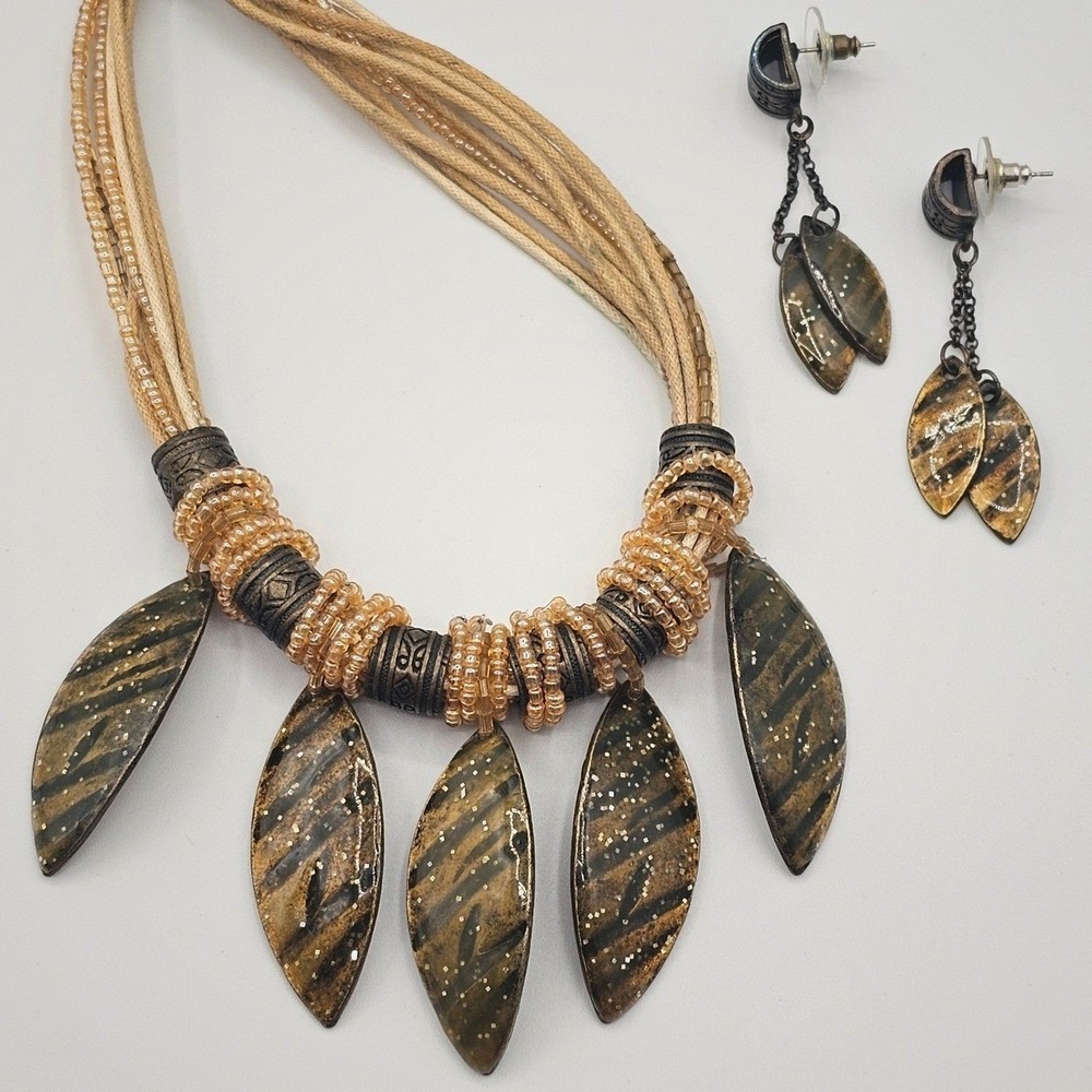 Seed Bead Necklace & Earrings Set Gold‎ Tone Green Tiger Stripe Dangle Boho